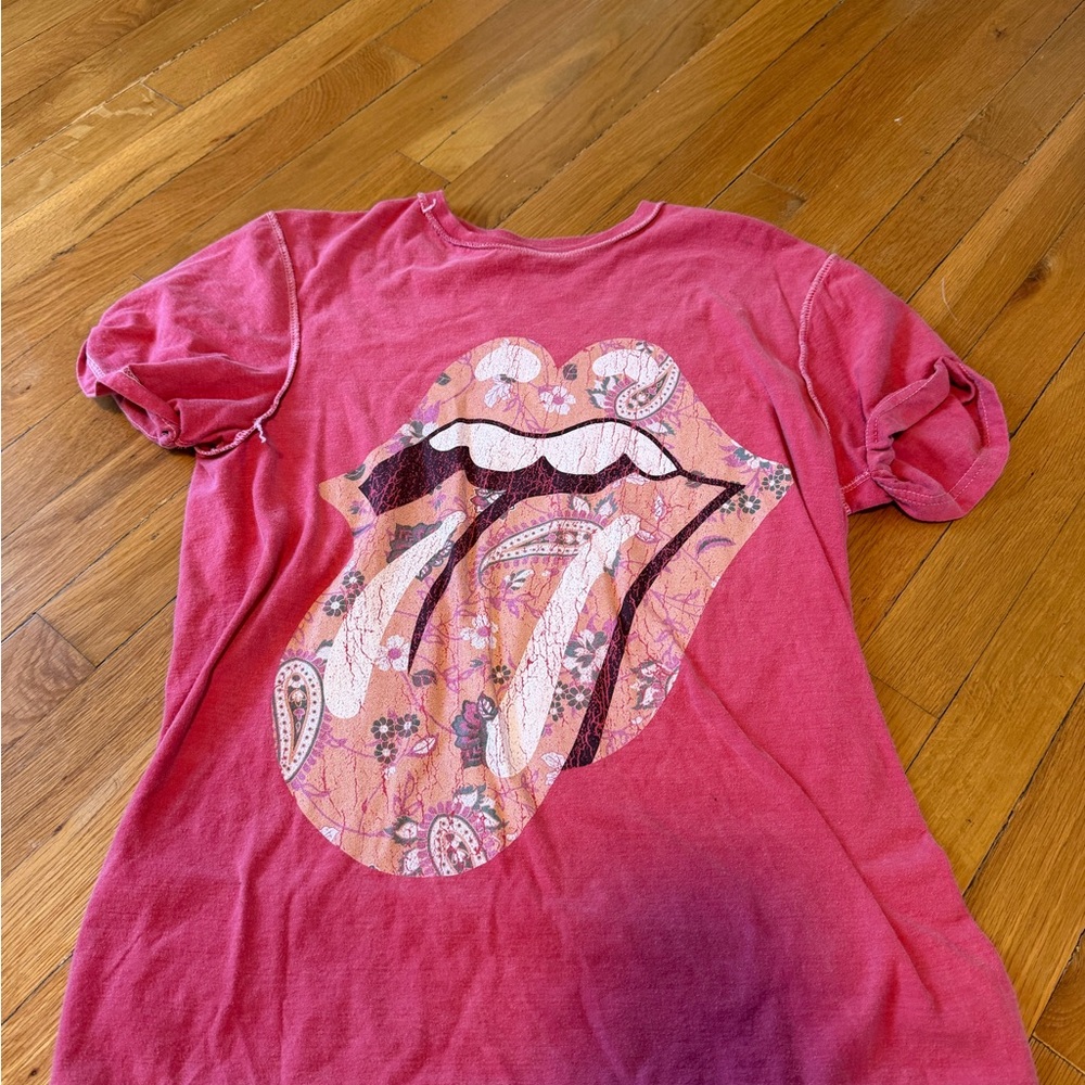 Rolling Stones Graphic Tee with Floral Tongue - Pink